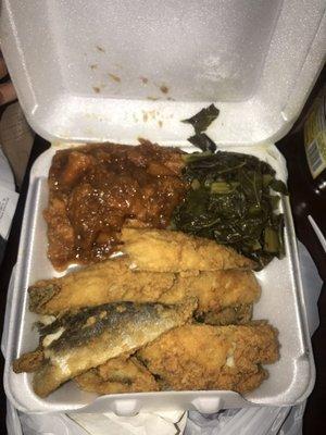 Fried whiting, yams and collard greens, yum!