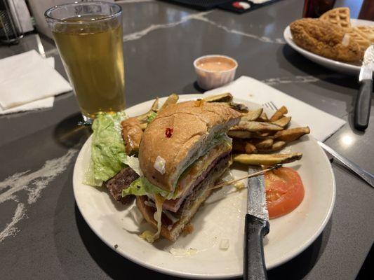 The hour glass burger, it's lunch and dinner! It's a great sandwich.