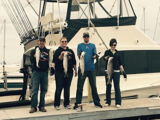 The captain and crew with lake trout caught on Lake Superior. The chart boat is owned by.  Duluthsportfishing.com