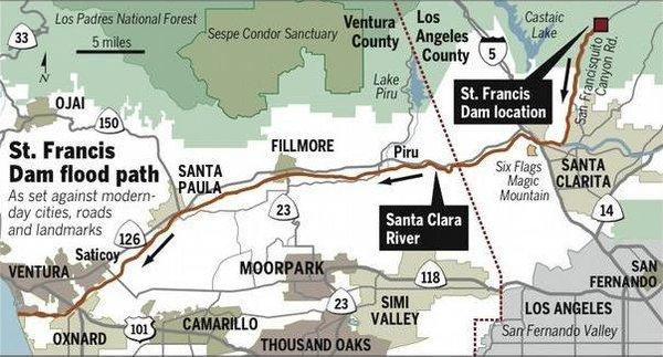 Floodpath of the St. Francis Dam disaster.