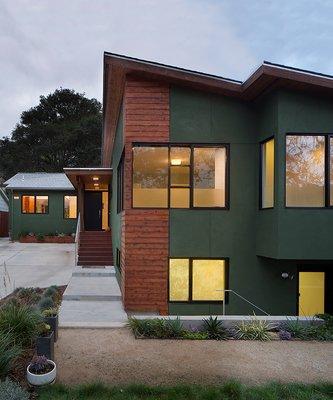 New redwood and smooth-finish stucco curb appeal on San Rafael addition/ remodel.