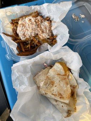 Crabby fries ($12) and loaded crab quesadilla ($12)