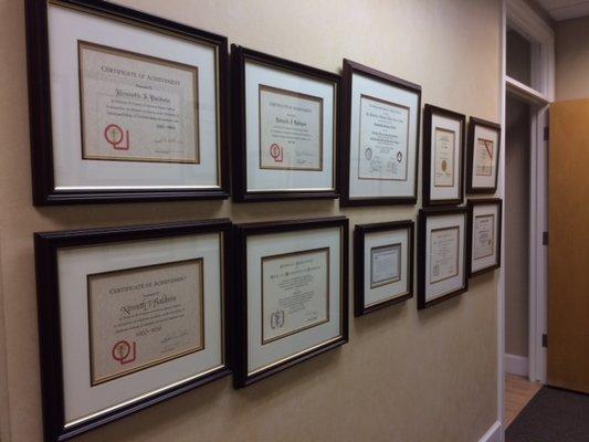 Some of Dr. Baldwin's certificates of achievement.