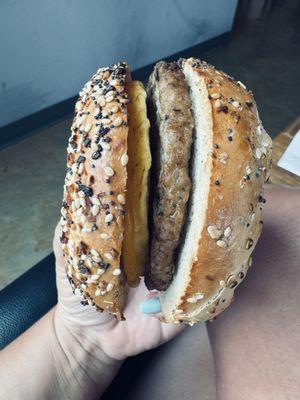 Sausage, Egg and Cheese on an Everything Bagel