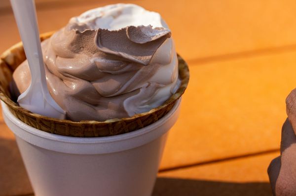 Chocolate Vanilla twist in a cone in a cup.