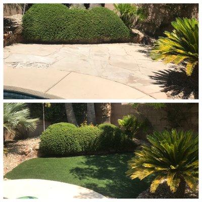 Top: sandstone before Bottom: faux grass after