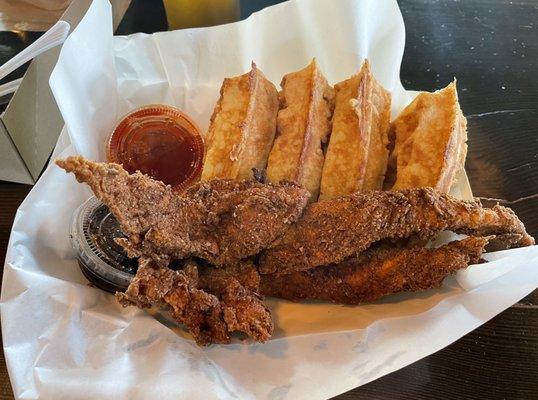 Chicken and Waffles with Maple Syrup and Hot Honey.  Really tasty!