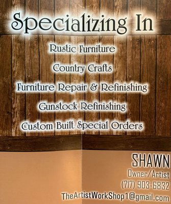 Specializing in Furniture Repair. Refinishing services available!