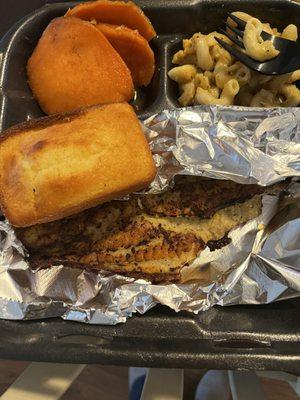 Grilled Catfish Fillets Mac and Cheese,Yams