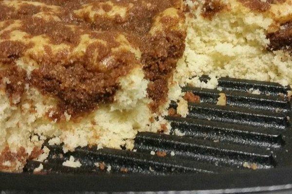 EJ Crumb Cake baked inside Iron Skillet