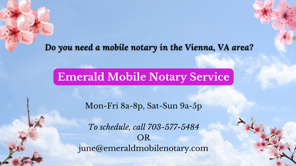 Emerald Mobile Notary travels to you in the Vienna VA area, to notarize your documents. Call 703-577-5484 for more information.