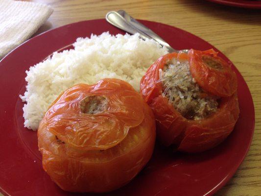 Steamed Tomato stuffed with Pork and Noodles served with Sticky Rice