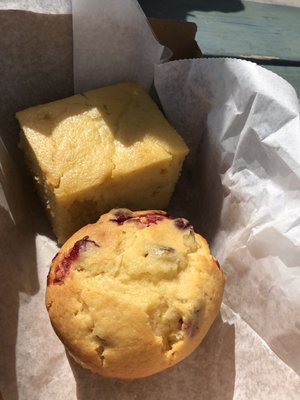 Cranberry orange muffin and cornbread