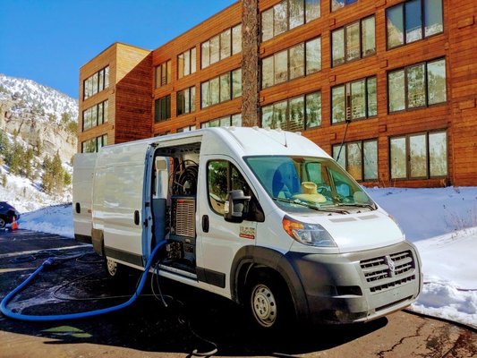 This is our cleaning van. State-of-the-art hot water steam truckmount