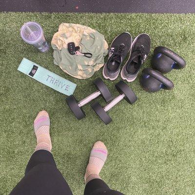 Materials: kettlebells, dumbbells, resistance band