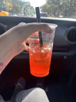 Strawberry lemonade, with strawberry popping Boba.