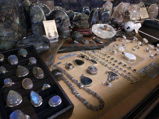 Pretty labradorite specimens and jewelry.