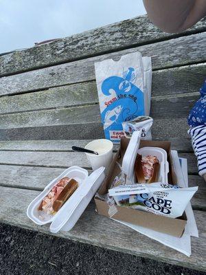 Lobster rolls, provided chips, AMAZING chowder,  all packed in the cutest double bag!