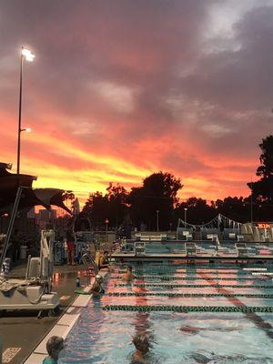 Sunset during evening aerobic class