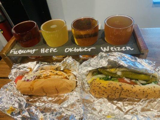 Chicago dog, red with chili and slaw, and flight from the brewery.