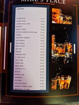 Liquor menu