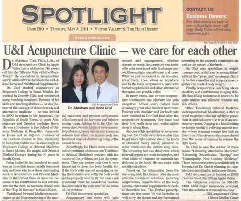 DAILY PRESS May 3, 2011
 
 U&I Acupuncture Clinic was introduced to the DAILY PRESS SPOTLIGHT.