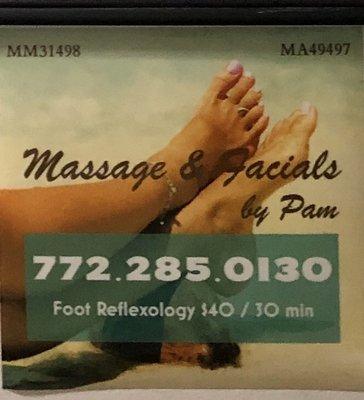 Foot reflexology is very popular. I offer an add on to a massage or facial for only $30.