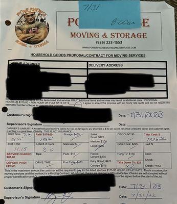 POWERHOUSE MOVING Invoice -- Overcharged