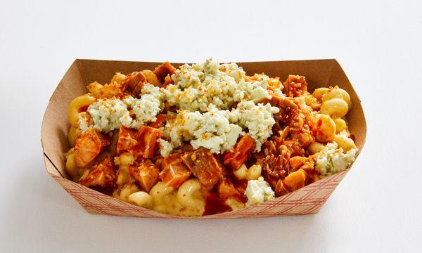 Buffalo Chicken Mac! OG Mac with grilled chicken, blue cheese crumble, buffalo sauce, & toasted panko crunch