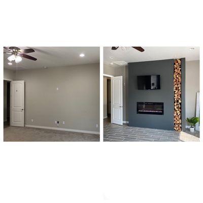 This is a before and after of a whole remodel in a bedroom. Beautiful new fireplace.