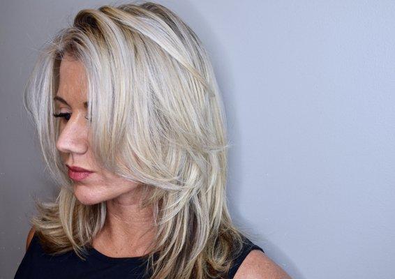 Blonde Bombshell created by owner and stylist Bethany using Goldwell color