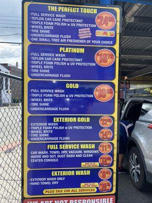 Car Wash Menu