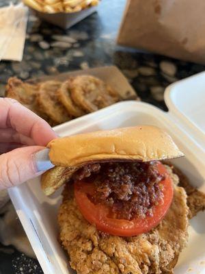 Chicken sandwich with bacon jam and fried greens tomatoes