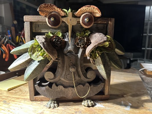 Mr. Owl.  Found object assemblage.  He stands about 12" tall and is a cool dude!