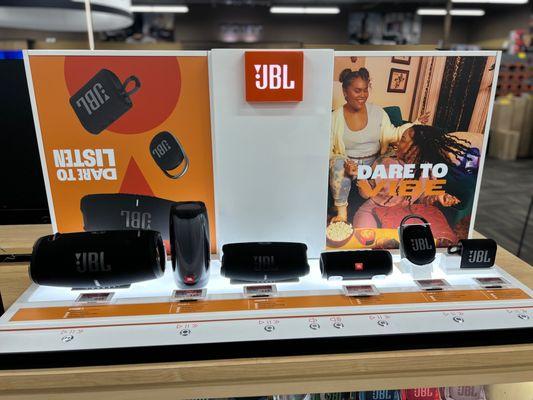 JBL's demo display featuring their portable bluetooth speakers