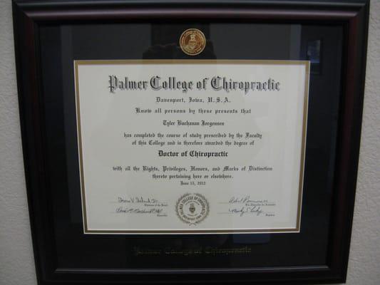 Graduate of Palmer College of Chiropractic, Davenport Iowa.