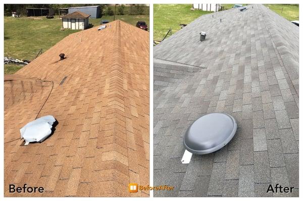 Before and after on a roof we did.