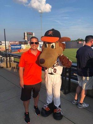 Bar Association President Marshall Horman wishing the Frederick Key's Mascot, Keyote, a happy birthday