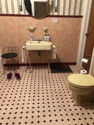 Love the pink tile in this HUGE bathroom!!