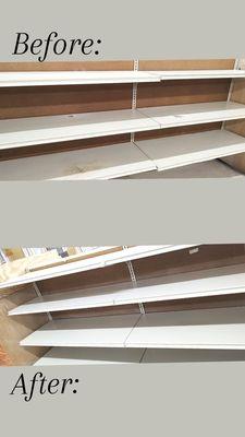 Before and after pictures of commercial shelves. Oil based paint