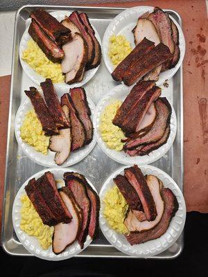 3 Meat catering plates.
Brisket 
Turkey
Spare Ribs
Potato Salad