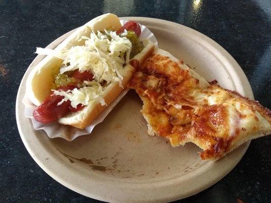 Hot dog and BBQ chicken pizza