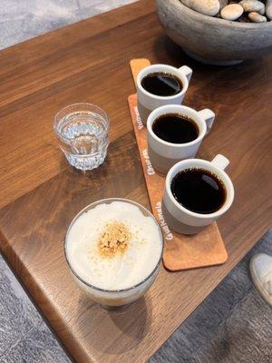 coffee tasting flight, light medium and dark roast from guatemala, vietnam, and ethiopia