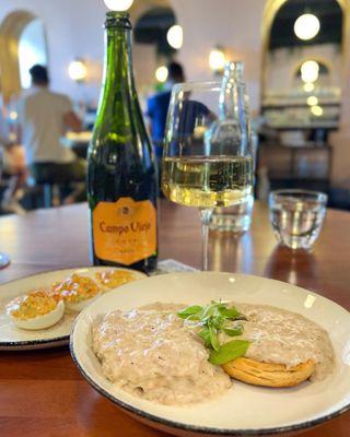 Biscuits & gravy, deviled eggs & cava