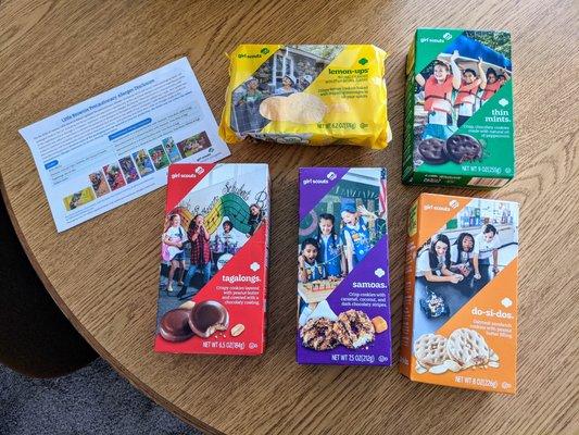 lemon-ups®, do-si-dos®, samoas®, tagalongs®, and thin mints®. $4 each + $9.25 shipping & handling. $29.25 total. Arrived in exactly 7 days.