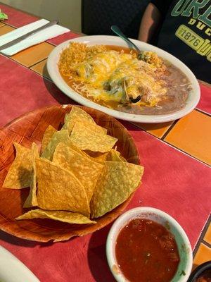 Chili Reyano, carnitas enchilada rice & beans