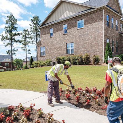 Crews working on flower bed maintenance for Essex Homes.