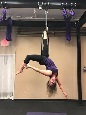 Instructor Paula demonstrating an Intermediate move on Hoop!