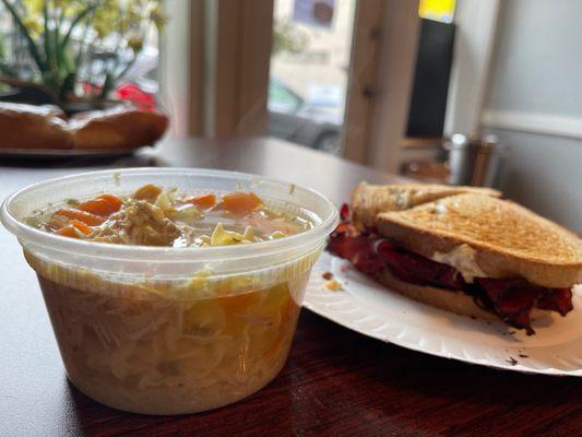 Chicken noodle soup and hot pastrami on rye