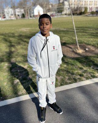 White Gwaptime sweat suit with zipper hoodie black and red stitching